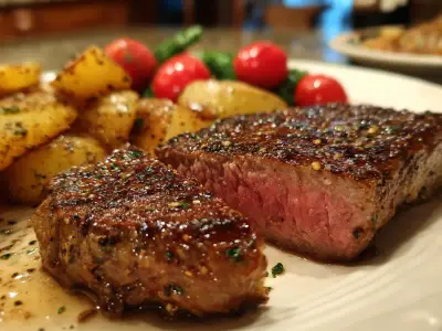 A sliced seared chuck steak topped with melting garlic herb butter.