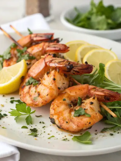Grilled shrimp skewers with charred edges, served with lemon wedges and herbs.
