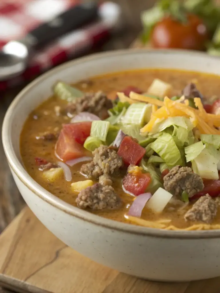 A bowl of creamy cheeseburger soup with ground beef, diced tomato and shredded cheddar, with croutons alongside.