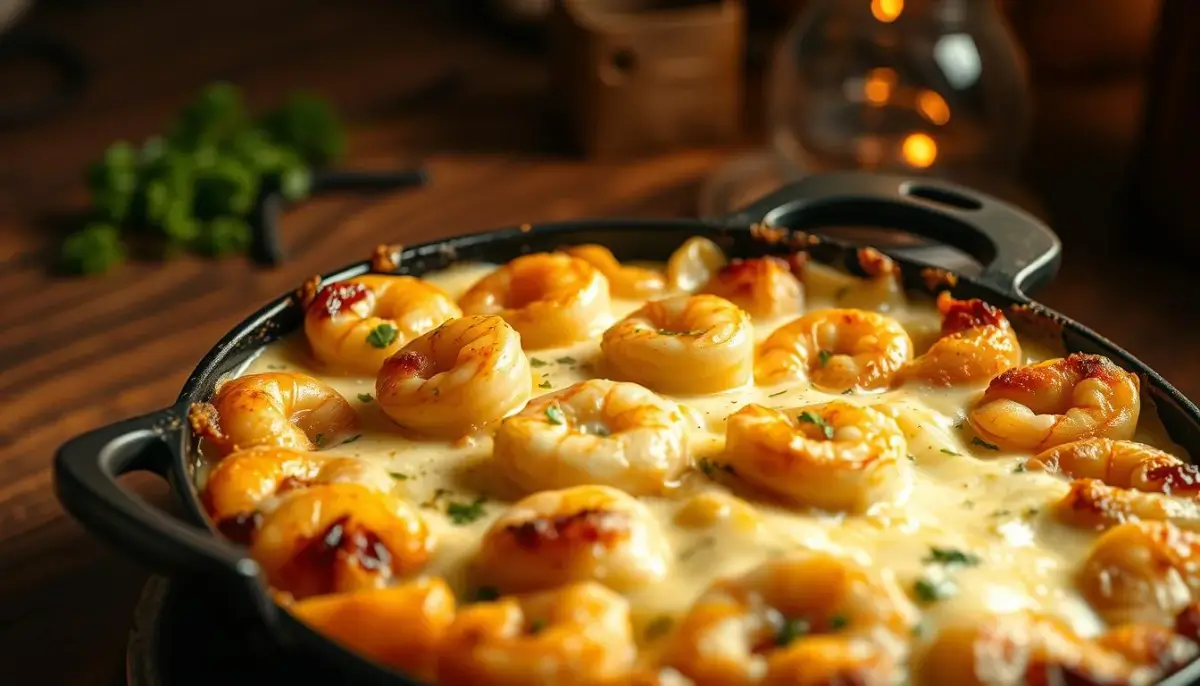 Shrimp baked in a creamy garlic sauce in a dark pan, browned on top.