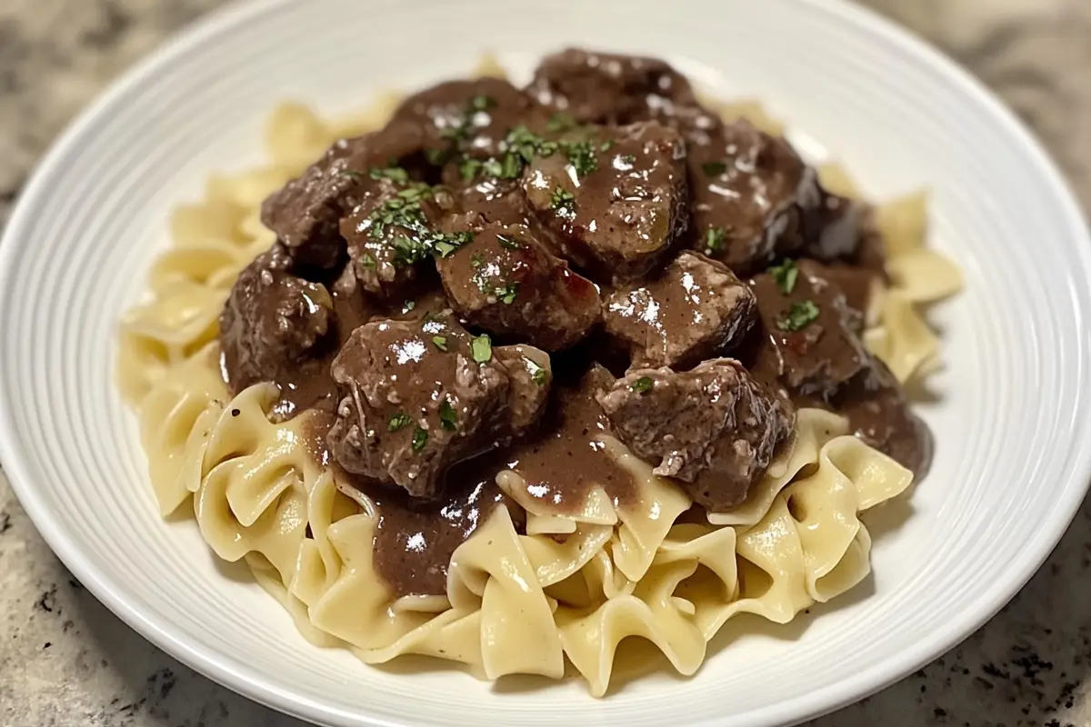 CLASSIC BEEF STROGANOFF OVER EGG NOODLES